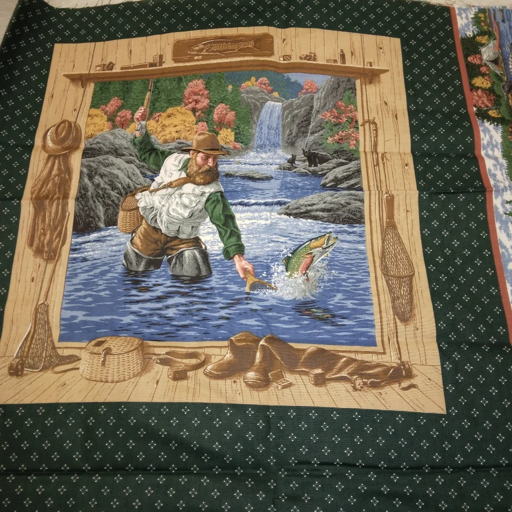 FABRIC PILLOW PANELS with border, fishing scenes by Joan Messmore